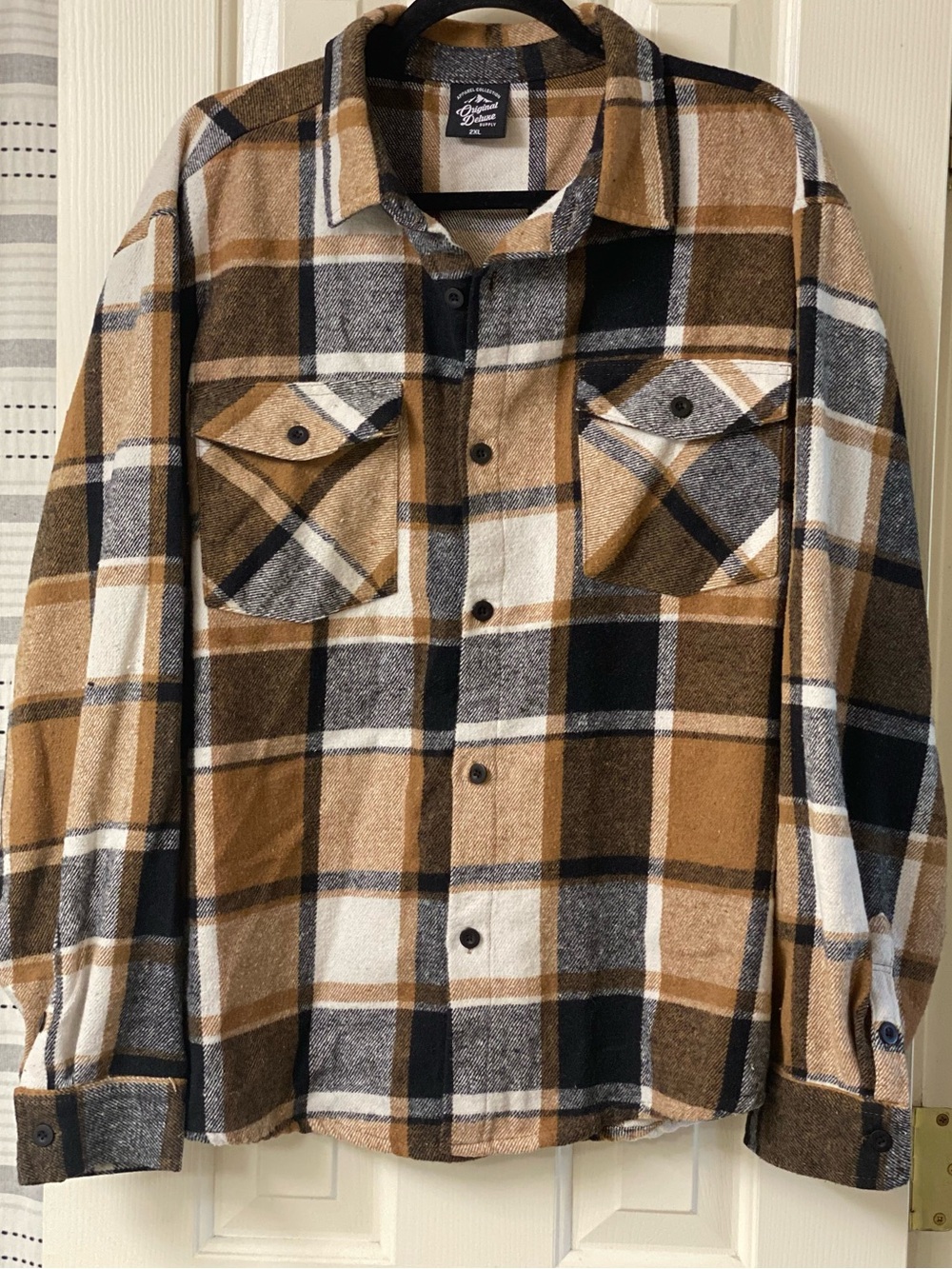 Original Deluxe Supply Men's Brown Plaid Flannel Long Sleeve Shirt  - Size 2XL